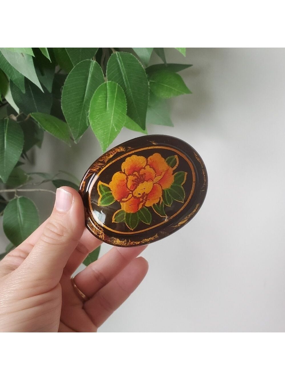 Vintage Asian Floral Black and Orange Lacquer Trinket Box